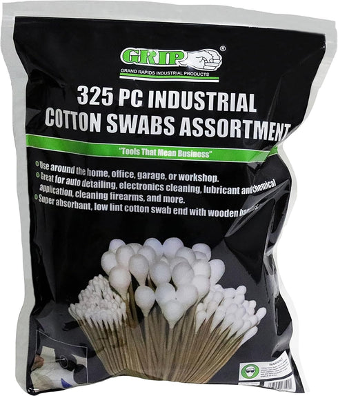 Grip 325 pc Cotton Swab Assortment - Super Absorbent, Low Lint, Wood Handles for Auto Detailing, Electronics, Cleaning