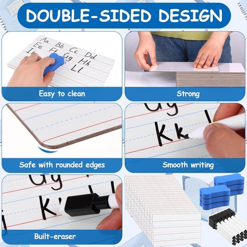 Dry Erase Lapboards with Lines, Pack of 18, 6 x 9 inch Double Sided White Boards with 18 Pens, 18 Erasers