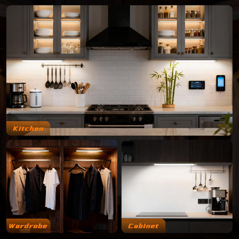7.9inch 1400mAh 34 3 (2 Pack) Motion Sensor Cabinet Lights, LED Beads, USB-C Charging, Color Temperatures, for Long