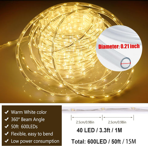 50ft 600 8 Connectable Outdoor Rope Lights, LED Warm White Strip Light Plug in for Indoor with Waterproof Modes
