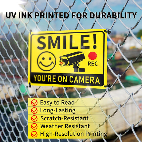 2 Pack 10"x7" Smile You're on Camera Signs Video Surveillance Signs Outdoor, Rust-Free Aluminum Warning Sign, UV