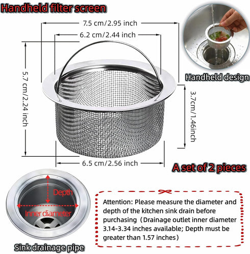 2-Pack, (3.14"-3.34" Stainless Steel Kitchen Sink Strainer - Deep Cup Basket Design, Upgraded Double-Layer Safety