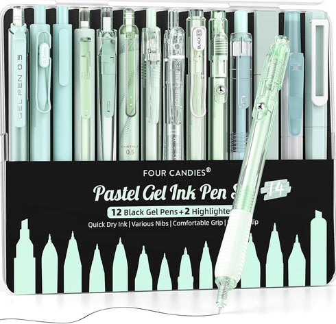 Four Candies 14Pack Pastel Gel Ink Pen Set, Cute 0.5mm Fine Point Pens for Note Taking, School, Office