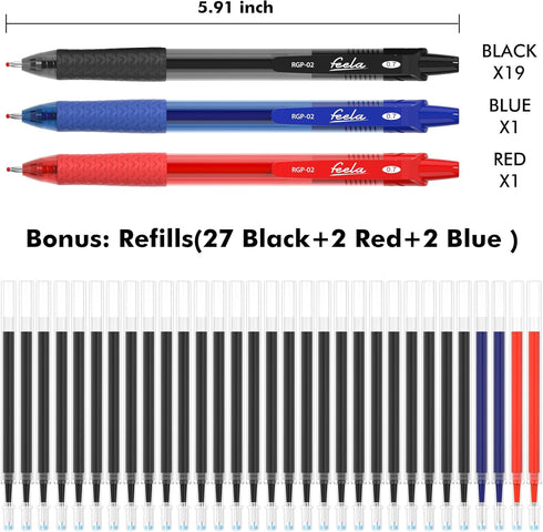 feela 52 Pack Retractable Black Ink Gel Pens, Premium Medium Point Rollerball Pens for School Smooth Writing with Comfort Grip(19 Black with 27 Refills+1 Blue with 2 Refills+1 Red with 2 Refills) by feela