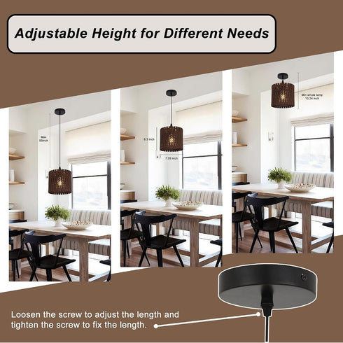 1-Light 7" Farmhouse Rustic Wood Drum Pendant Light, Rural Ceiling Hanging Lamp Lighting Fixture with Lampshade, Boho