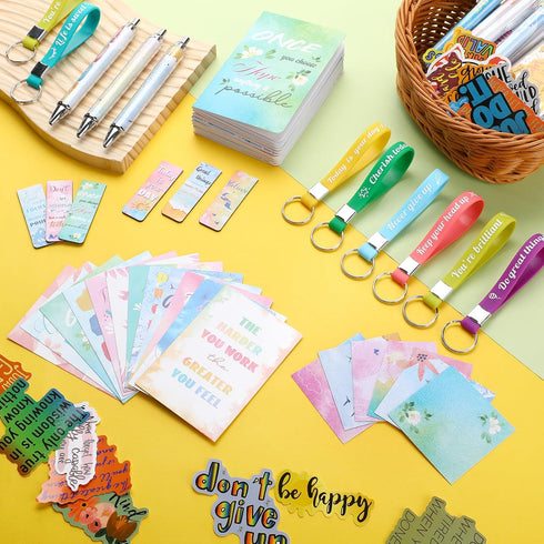 Pasimy 218 Pcs Inspirational Stationery Gifts, Motivational Mini Notepad, Pen, Quote Bookmarks, Stickers for School