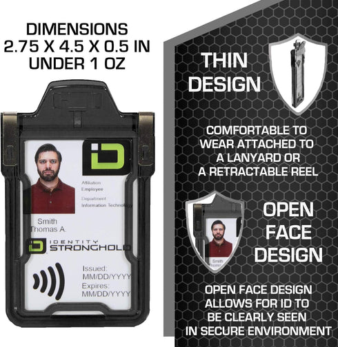 Identity Stronghold Secure RFID Badge Holder for 1 Card, Heavy Duty Hard Plastic, Black