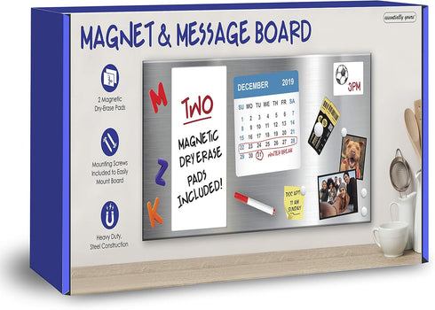 Essentially Yours Magnet and Message Board, Large 30 x 14 x 0.7 Inch Steel Bulletin Board, 2 Magnetic Dry Erase Pads