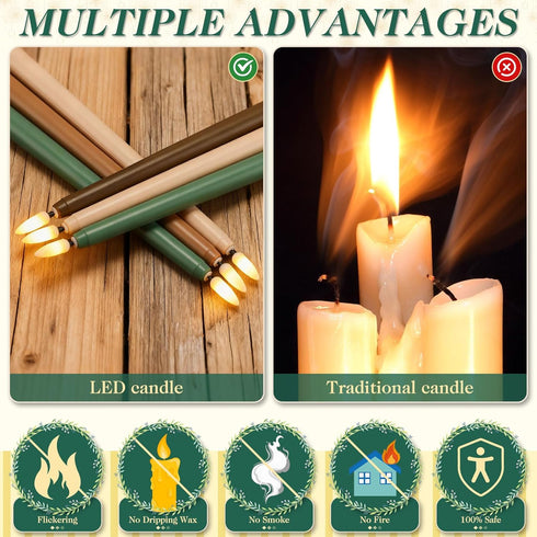 24 11'' Baquler Pcs Green Brown Flameless Taper Candles Woodland Battery Operated Candles LED Plastic Flickering