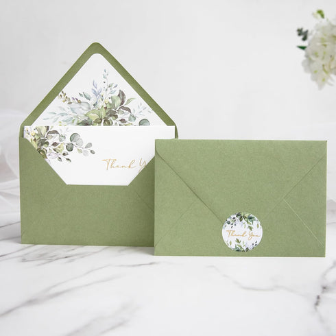 50 PACK 4x6 PONATIA Gold Foil Thank You Cards With Sage Green Envelopes, Floral Printing Greeting Cards With Adhesive