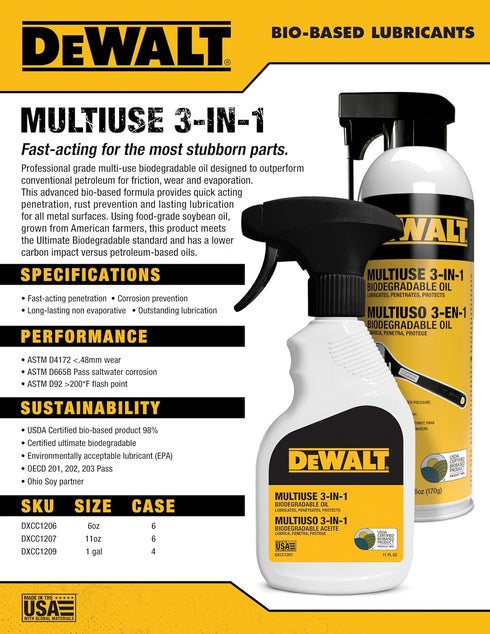 3 1 11 oz DEWALT in Multi Purpose Biodegradable Penetrating Oil Professional Grade Lubricant for Machines, Tools, Doors