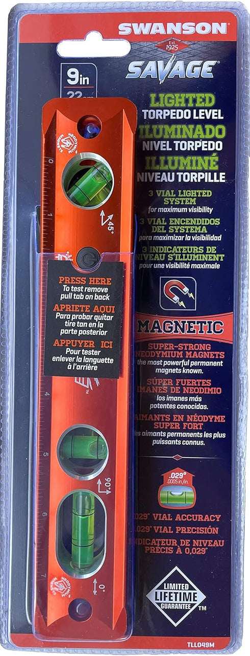 TLL049M 9", 3 Swanson Tool Co Savage Lightning Aluminum Torpedo Magnetic Illuminated Levels, Vials