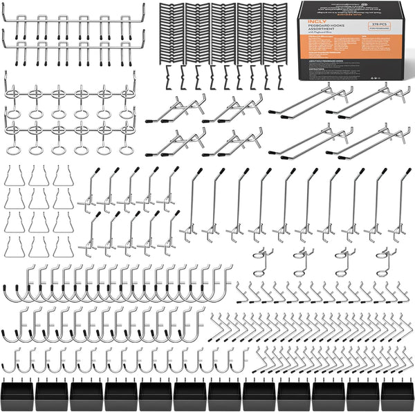 INCLY 278PCS Pegboard Accessories Organizer Kit, Hooks Assortment with Bins for 1/8 or 1/4 inch Pegboard