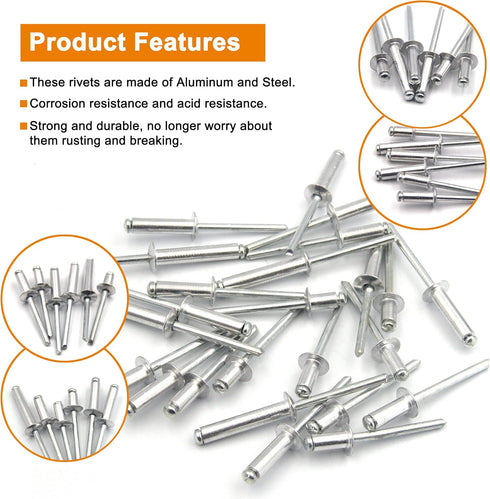 ISPINNER 100pcs Aluminum Blind Rivets Assortment Kit, 6 Sizes, 3/16" x (5/16" 3/8" 1/2" 5/8" 3/4") Silver