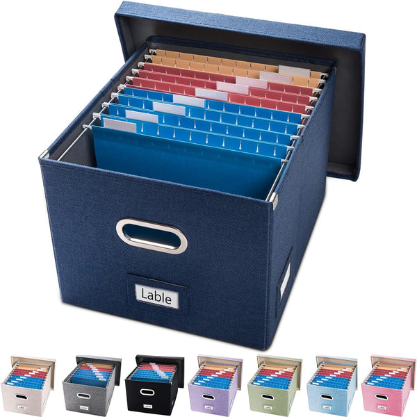 PRANDOM File Organizer Box - Collapsible Decorative Linen Filing Storage with Lids, Set of 1, Letter/Legal Size, Navy