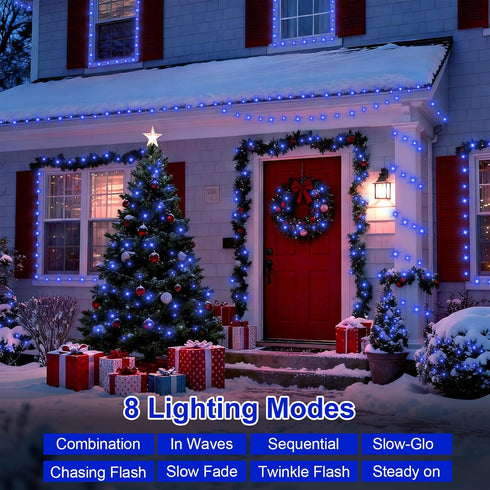165ft 500 8 QITONG Blue String Lights Outdoor, LED Christmas Light Plug-in with Modes, Clear Wire Twinkle Xmas Lights