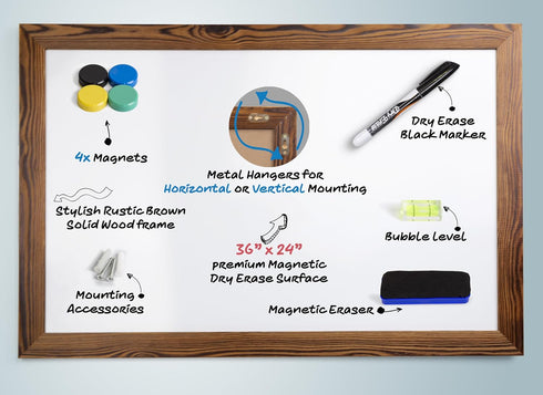 Real Wooden Framed Magnetic Dry Erase Whiteboard, 24" x 36", Vertical/Horizontal Mount, Includes Black Marker, Eraser,