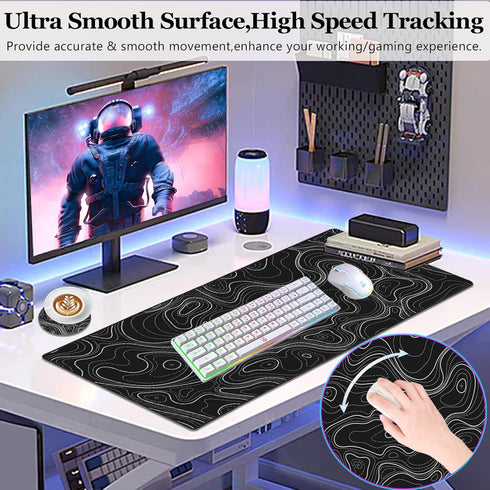 XXL Extended Topographic Gaming Mouse Pad 31.5x15.7inch, Large Black Computer Mouse Mat with Non-Slip Rubber Base