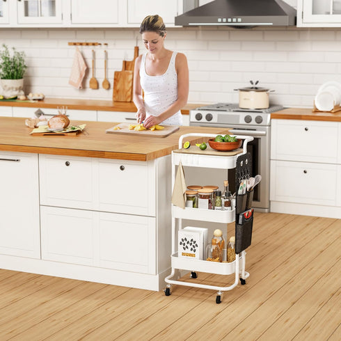 DTK 3 Tier Metal Utility Rolling Cart with Table Top and Side Bags, Storage Organizer with Wheels (White)