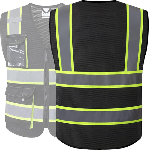 JKSafety Hi Vis Reflective Safety Vests for Men & Women, High Visibility Vest with Pockets, Black, XXL
