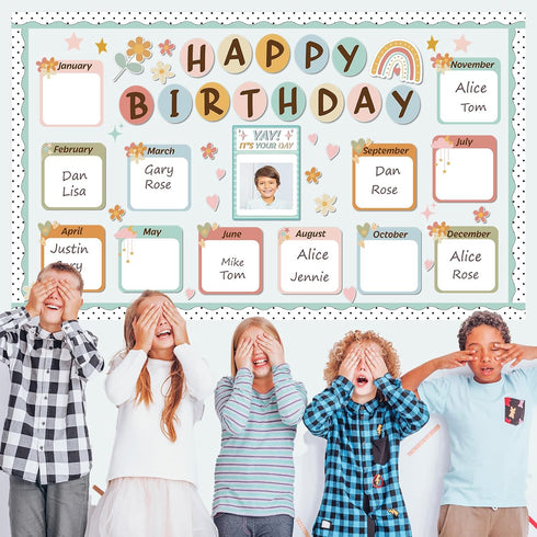 Boho Happy Birthday Bulletin Board Decorations Set with Rainbow Chart and Cutouts for School Calendar and Birthday