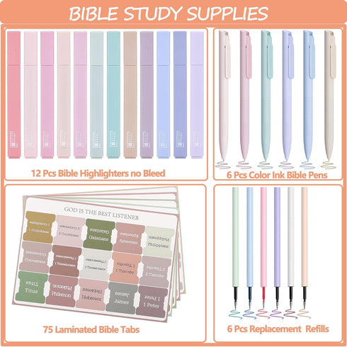 Bible Journaling Kit, Bible Study Supplies with 12Pcs Aesthetic Highlighters No Bleed, 75 Bible Tabs and 6Pcs Color Ink