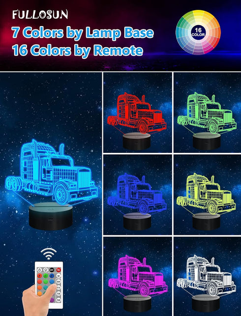 3D 16 GIFTOHOLIC Truck Bedside Lamp, Lorry Illusion Hologram Night Light Colors Changing with Remote Control Kids