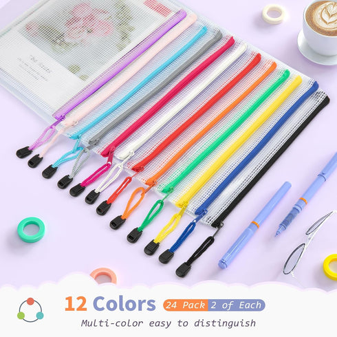 Umriox 24 Pack 12 Colors Small Zipper Pouch, Mesh Bags with Zipper, Zipper Bags for Puzzles Board Games and Office Supplies Travel Accessories by Umriox