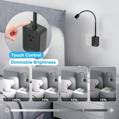 3 Plug in LED Wall Mounted Reading Light, Black Flexible Wall Sconce Spot Light with Power Plug Extension Outlet