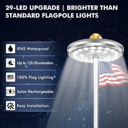 29 15-30 PPQ Flag Pole Light Solar Powered, LED Extra Bright Silver Flagpole Light for Ft Poles, Waterproof Lighting on