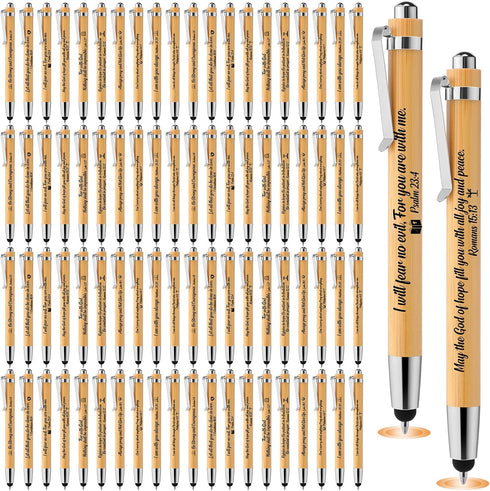 Jetec 100 Pcs Inspirational Bible Verse Bamboo Pens, Wooden Retractable Ballpoint Pens with Stylus for Gifts