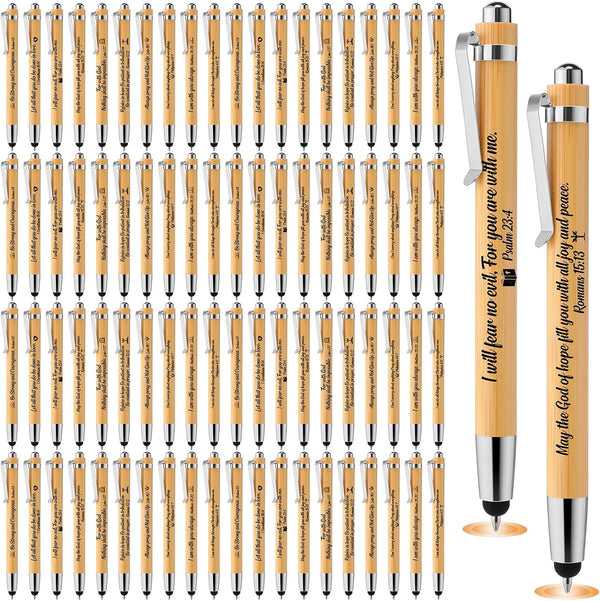 Jetec 100 Pcs Inspirational Bible Verse Bamboo Pens, Wooden Retractable Ballpoint Pens with Stylus for Gifts