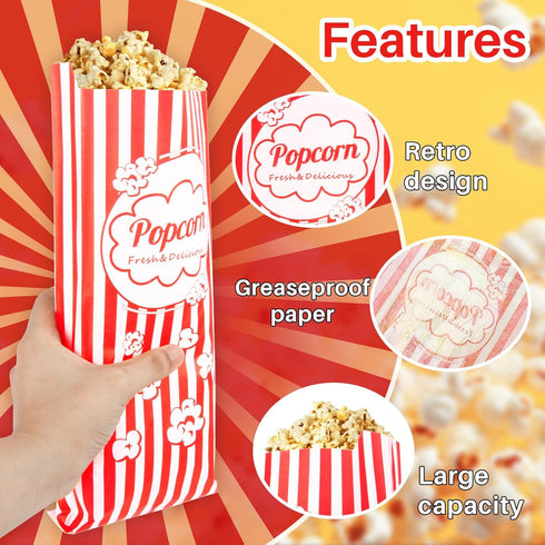 50 Individual 2oz Popcorn Bags - Disposable Food Paper Sleeves for Party, Carnival, and Movie Night Supplies