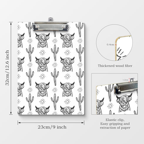 Clipboards - Western Highland Cow Cactus Wooden Clip Boards for Office, Classroom, Teacher, Student, 9x12.6 Inch