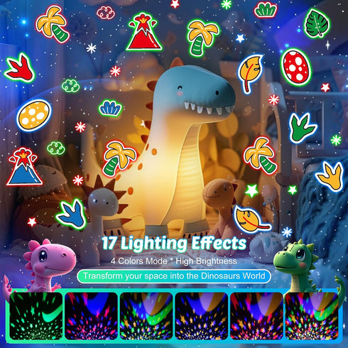 17 Dinosaur Night Light Projector for Kids Green Dino Toys for Boys, Star Night Lights with Music and Timer, Mode Color