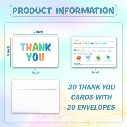 FQPJA 20 Pack -B01 Colorful Thank You Card For Kids, Fill In The Blank Birthday Greeting Cards, Colorful Postcards