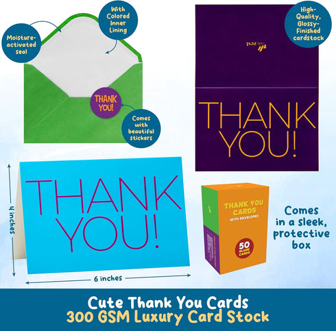 50 6x4 Kids Thank You Cards Bulk - Thick, in Blank Thank You Notes with Envelopes and Stickers - Fun, Colorful Designs