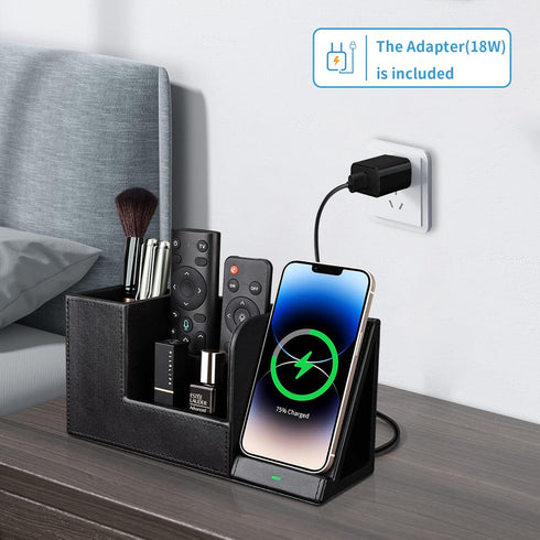 KINGFOM PU Leather Desk Organizer with Wireless Charging Station, 10W Charger for iPhone 14/14 Pro/13/12/Samsung Galaxy