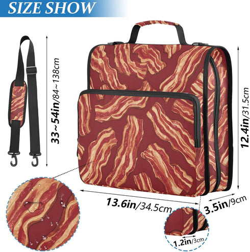 Fisyme 3 Fried Bacon Cartoon Zipper Binder Ring with Zipper and Shoulder Strap Large Capacity Multi-Pocket Binder