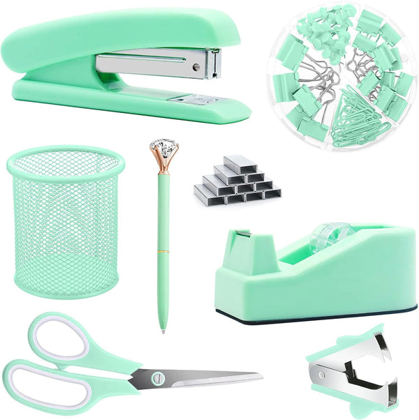 Green Office Supplies, Purple Desk Accessories, Stapler, Tape Holder, Binder Clips, Paper Clips, 1000pcs Staples