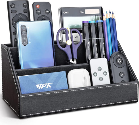 KINGFOM Pu Leather Desk Organizer with 5 Compartments for Office Supplies, Black