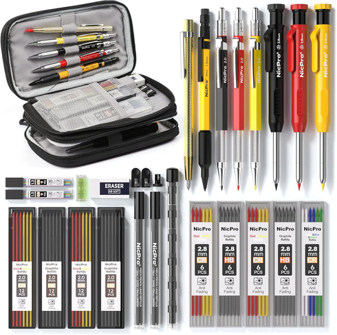 Nicpro 28 Pack Carpenter Pencil Set with Sharpener, Mechanical Pencils, 127PCS Refills, Heavy Duty Construction Pencils