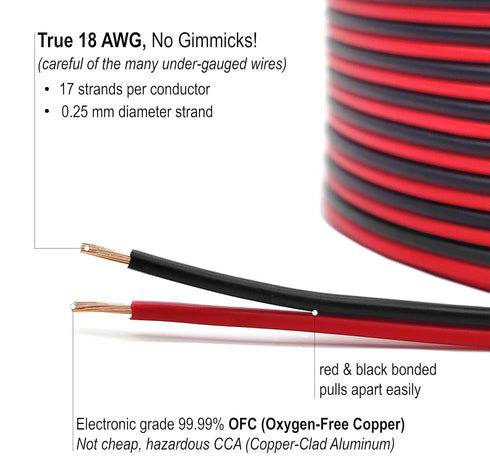 18 100% 18 2 (100' 100ft Gauge Copper Zip Cable | True AWG (American Wire Guage) Stranded OFC pin Conductor Bonded