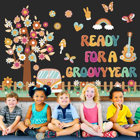 gisgfim Retro Boho Tree Bulletin Board Set, Groovy Classroom Decorations with Daisy Cutouts for Teachers