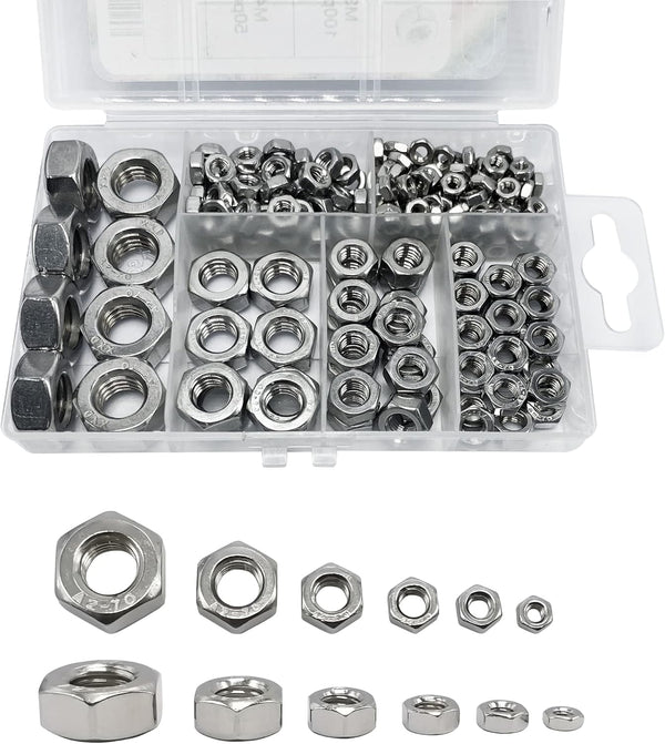 210PCS 304 Stainless Steel Hex Nuts Assortment Kit - 6 Sizes DIN 934 (M3 M4 M5 M6 M8 M10) for Professionals, Repairmen,