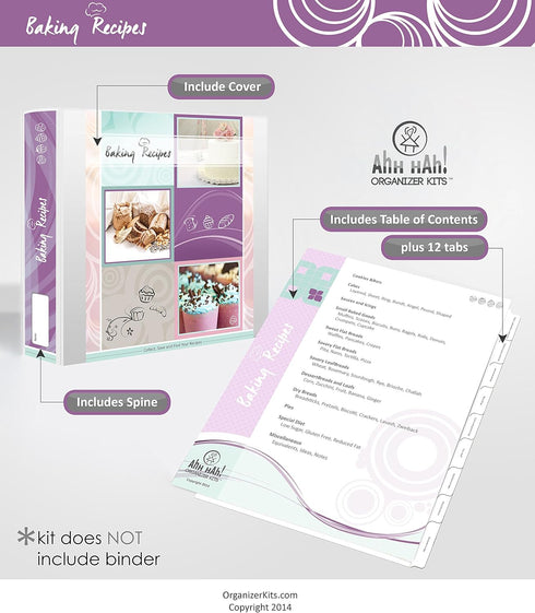 Baker's Recipe Organizer Kit: Long Index Tabs for Three-Ring Binder with Cover