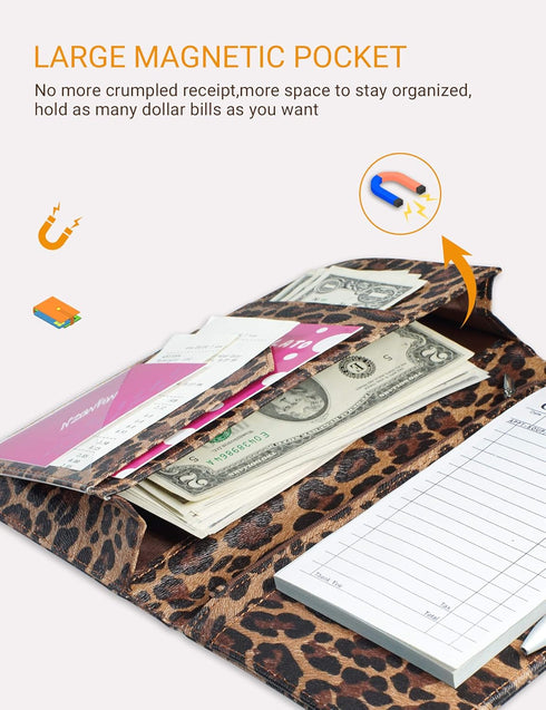 Server Book for Waitress - 5x9 Leopard Magnetic Closure Wallet with Zipper Pocket and Money Pouch