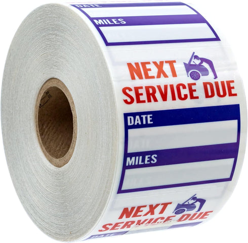 Oil Change Service Reminder Stickers, 500 Red Clear Blue Next Service Due Removable Labels, 2" x 2"
