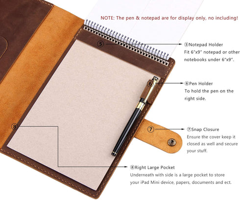 Leather Cover for 6"x9" Steno Notebook, Compatible with Spiral Steno Pads, Brown