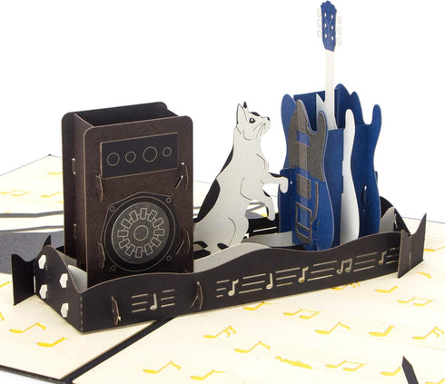 Ribbli Guitar and Cat 3D Handmade Pop Up Card for Birthday, Father's Day, Cat Birthday Cards for Guitar Lovers